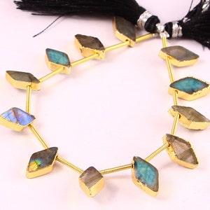 1 Strand Labradorite Calibrated Flat Kite Shape 18k Gold Electroplated Briolettes, Labradorite Smooth Flat Rhombus Briolettes (6*12 MM App.)