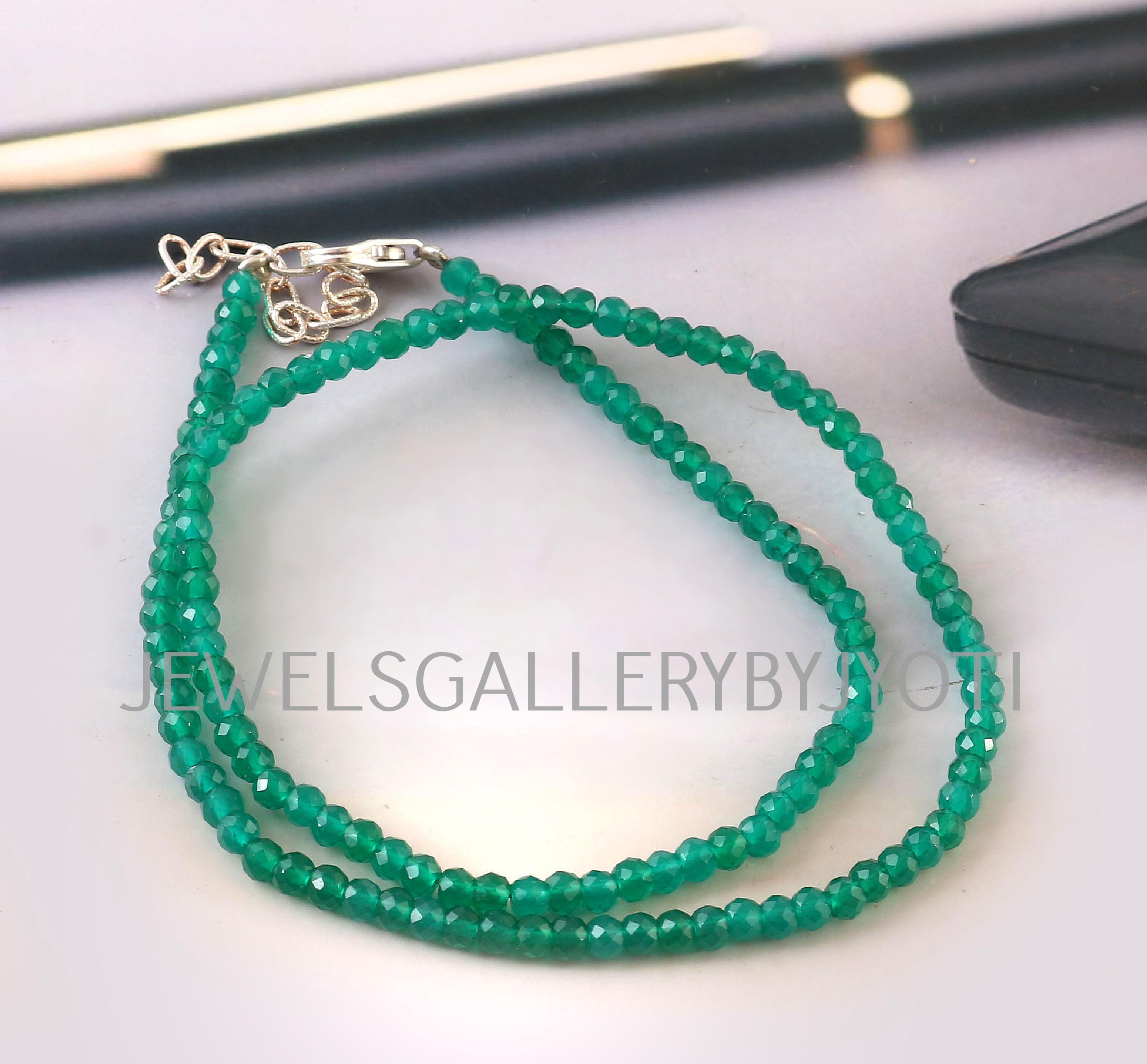 Collier Homme/Femme 18" En Onyx Vert - 18 Perles Facettées - Fait Main En Inde - Argenté Plaqué - Neuf