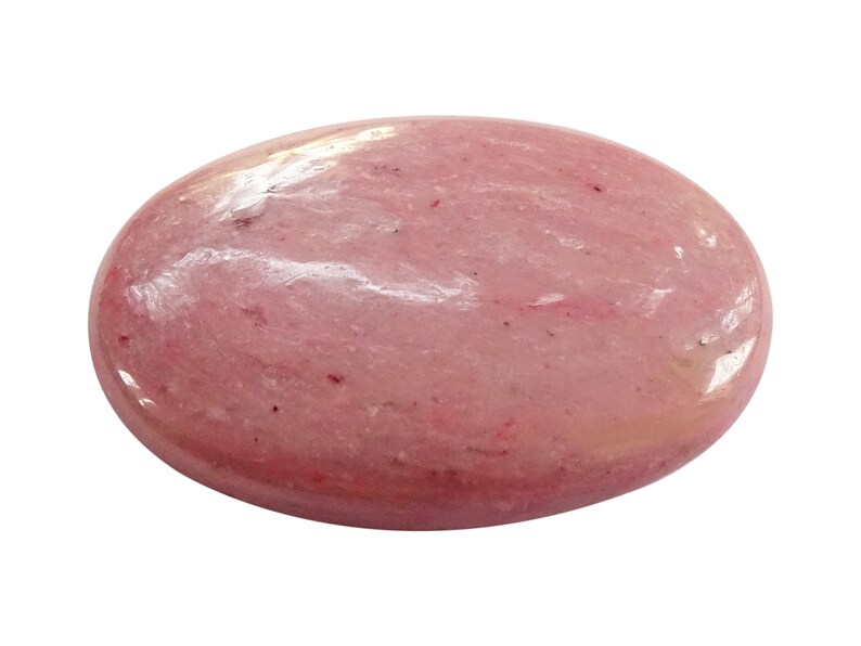 May include: A smooth, oval-shaped pink gemstone with a polished finish. The stone has a light pink color with subtle white streaks throughout.