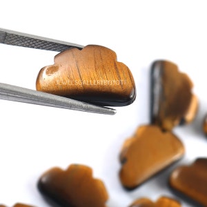 May include: A close-up of a brown and gold tiger's eye gemstone, shaped like a cloud, held by tweezers. The gemstone has a chatoyant effect, with a shimmering golden sheen. The text "JEWELSGALLERYBYJYOTI" is visible on the gemstone.