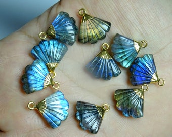 A Pair of Bright Blue Flash Labradorite Fan Shape Charm,  Electroplated Charm, Labradorite Carved Fan Shaped Pendant (15*18mm)