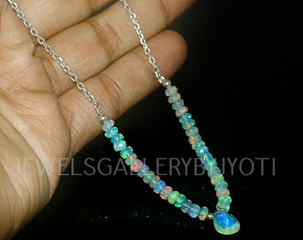 AAA Grade Ethiopian Opal Bar Necklace, Stunning Opal Beaded Sterling 925 Silver Necklace, Ethiopian Opal Chain Necklace, Gift For Her