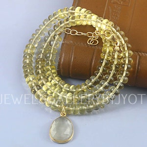 Beautiful Lemon Quartz Smooth Rondelle Beads Necklace, Lemon Quartz Fancy Cut Oval Pendant Necklace, Lemon Quartz Gemstone Necklace