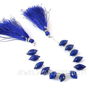 May include: Two strands of faceted, deep blue lapis lazuli beads with matching blue tassels. The beads are leaf-shaped and strung on silver wire. The tassels are made of fine, silky blue threads. The image is on a white background.