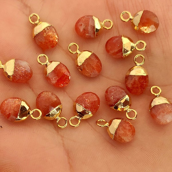 Fine quality Sunstone Oval Shape Charm, 24k Gold Electroplated Connector,Earring Pendant Minimalist Collections (10*8mm)