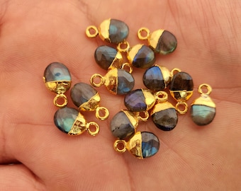 May include: A group of 14 oval-shaped labradorite gemstone charms with gold-plated accents. Each charm has a gold loop for attaching to jewelry.