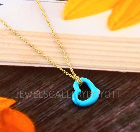 Turquoise Open Heart Pendant Sterling Silver Necklace, 18k Gold