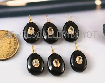 1/2 Pieces Black Onyx Smooth Oval Shape Sterling Silver Pendant, Inlay Gemstone Pendant, Black Onyx Pendant, Stacking Pendants