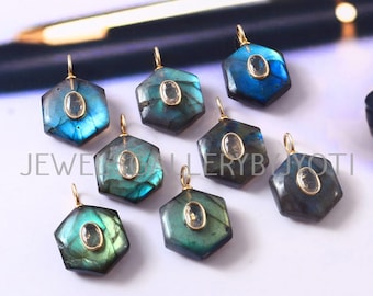 1/2 Pieces Flashy Labradorite Smooth Hexagon Shape Sterling Silver Pendant, Inlay Gemstone Pendant, Labradorite Pendant, Stacking Pendants
