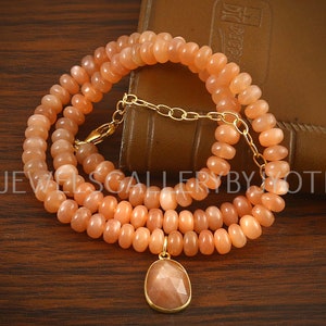 Beautiful Peach Moonstone Smooth Rondelle Beads Necklace, Peach Moonstone Fancy Cut Oval Pendant Necklace, Candy Gemstone Necklace