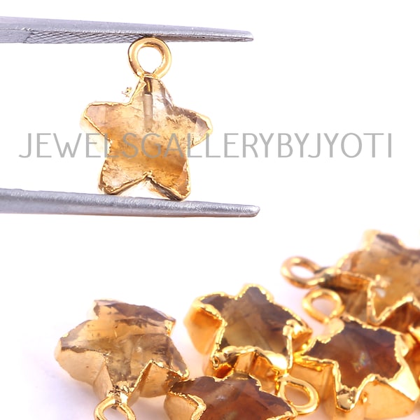 A Pair of Natural Citrine Carved Star Charm,  Electroplated Natural Stone Charm, Natural Citrine Star Charm (11mm)