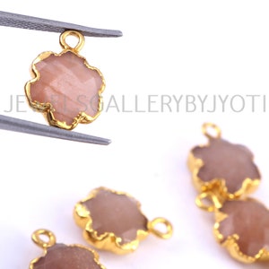 A Pair of Peach Moonstone Carved Flower Shape Charm, 24k Gold Electroplated Natural Stone Charm, Peach Moonstone Flower Charm (11mm Approx)