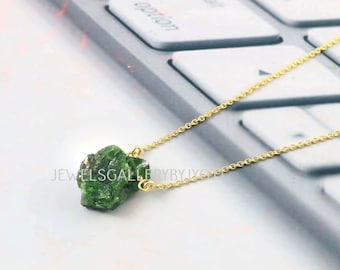 Raw Chrome Diopside Pendant Sterling Silver Necklace, 18k Gold Plated Chrome Diopside Rough Gemstone Necklace, Gift For Her
