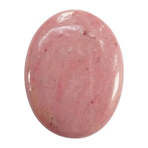 May include: A smooth, oval-shaped pink gemstone with a polished finish. The stone has a light pink color with subtle darker pink streaks throughout.