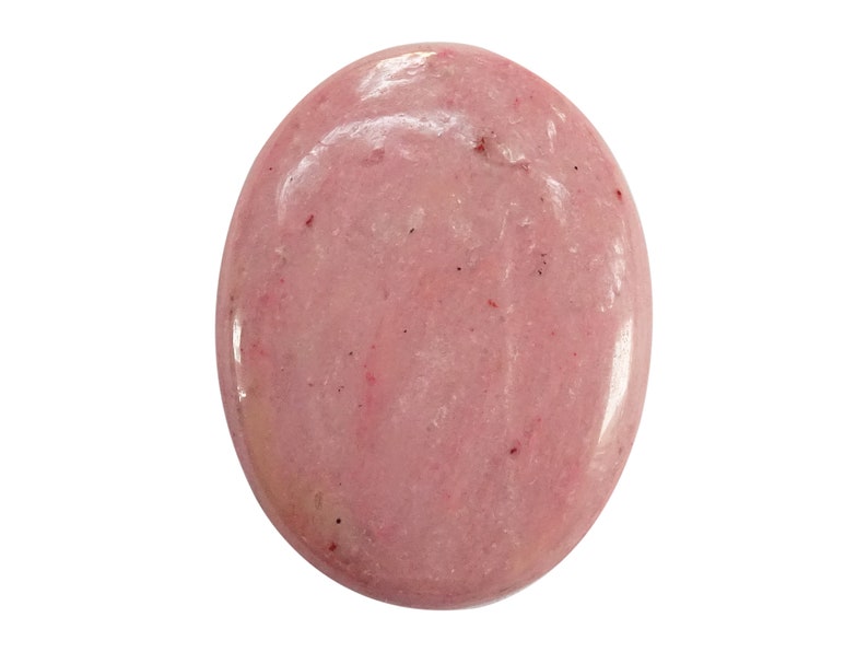 May include: A smooth, oval-shaped pink gemstone with a polished finish. The stone has a light pink color with subtle darker pink streaks throughout.