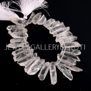 8&quot; Long Strand Natural Rock Crystal Quartz Beads Points Spikes, Top Side Drilled Freeform Clear White Quartz, Raw Crystal Quartz (OFF)