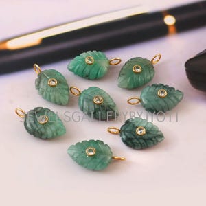 Natural Emerald Carved Leaf Shape Sterling Silver Pendant, Inlay Gemstone Pendant, Leaf Shape Pendants, Jewelry Making Supplies