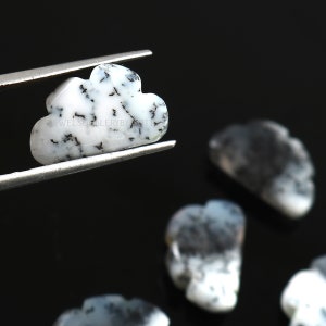 Peut inclure: Cinq pierres d'agate dendritique blanches et noires, en forme de nuages, dont une est tenue par une pince.
