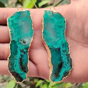 Natural 18K Gold Electroplated Rare Tri-Color Chrysoprase Slices, Chrysoprase Electroplated Pendant ,Chrysoprase Pendant (25*80mm) (PB143)