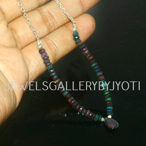 AAA Grade Black Ethiopian Opal Bar Necklace, Stunning Black Opal Beaded Sterling 925 Silver Necklace, Black Opal Chain Necklace,Gift For Her