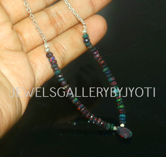 AAA Grade Black Ethiopian Opal Bar Necklace, Stunning Black Opal Beaded Sterling 925 Silver Necklace, Black Opal Chain Necklace,Gift For Her