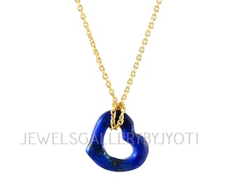 Collar de plata de ley con colgante de corazón abierto de lapislázuli, chapado en oro de 18 quilates, regalo para ella, hecho a mano.