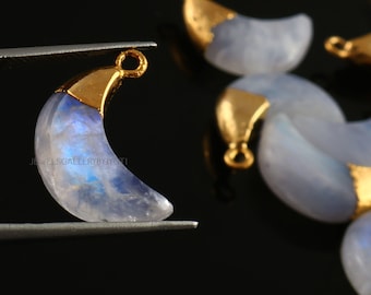 A Pair of Bright Flashy Rainbow Moonstone Carved Crescent Moon Charm,  Electroplated Natural Stone Charm, Rainbow Moonstone Moon Charm