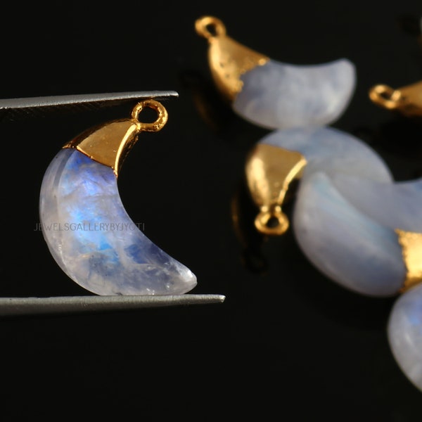 A Pair of Bright Flashy Rainbow Moonstone Carved Crescent Moon Charm,  Electroplated Natural Stone Charm, Rainbow Moonstone Moon Charm