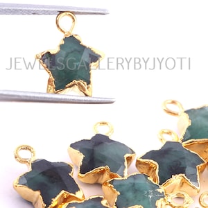 A Pair of Natural Emerald Carved Star Charm,  Electroplated Natural Stone Charm, Natural Emerald Star Charm (11mm)