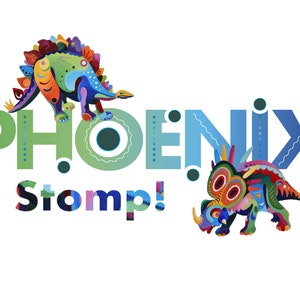 Personalised Colourful Name Print with Dinosaurs Triceratops and Stegosaurus | Child&#39;s room | Birthday gift | Unique gift | Print only