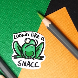 Peut inclure: Un autocollant de grenouille verte sur un fond vert et orange. L'autocollant dit "Lookin' like a SNACC".