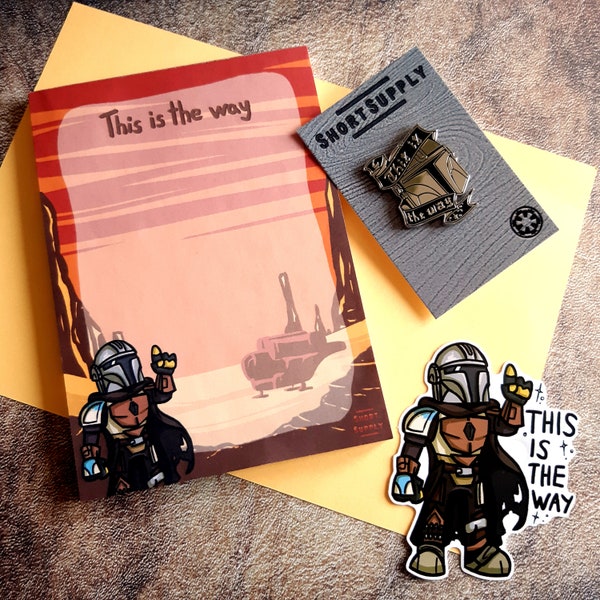 BUNDLE - The Mandalorian Notepad, Pin and Sticker Bundle - Star Wars Pin - This Is The Way Vinyl Sticker