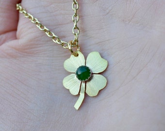 Shamrock Clover Brass, Silver, & Jade Necklace