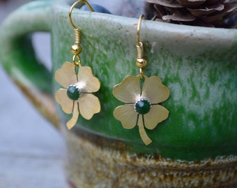 Brass, Silver, & Jade Shamrock Clover Earrings