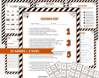 Op de afbeelding: Een Halloween-feestspellenbundel met 22 spellen in 3 formaten. De spellen omvatten een speurtocht, trivia en emoji-decoder. De bundel heeft een zwart-wit gestreepte rand met spinnenwebben en Halloween-thema graphics.