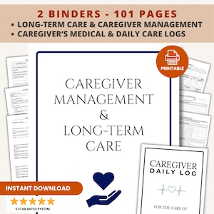 Caregiver Binder Printable Bundle: Elderly Care Organizer | Caregiver Aging Parent Planner | Home Care Log | Medical & Household Records