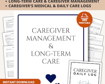 May include: A caregiver binder bundle featuring 101 printable pages across two binders. The cover displays the text Caregiver Management & Long-Term Care with a heart icon held by a hand. Includes a Caregiver Daily Log and various medical logs.
