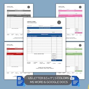 May include: Five printable order form templates in different colours: grey, red, blue, pink, and green. The forms are designed for US Letter size paper (8.5 x 11 inches) and are compatible with Microsoft Word and Google Docs.