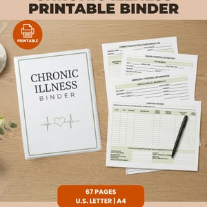 May include: A white binder with the text "CHRONIC ILLNESS BINDER" and a heart rate graphic. Includes printable pages for tracking symptoms, medications, and emergency information. The binder contains 67 pages and is U.S. Letter size.