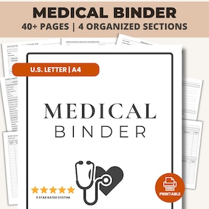 Puede incluir: Un archivador médico blanco con el título "MEDICAL BINDER" en letras grandes y oscuras. El archivador incluye más de 40 páginas y 4 secciones organizadas. Un gráfico de estetoscopio y corazón está en la parte delantera, junto con un icono "PRINTABLE" y una calificación de 5 estrellas.