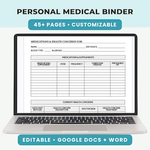 Redigerbar medicinsk pärmmall | Journalorganisatör, medicinspårare och läkarbesöksplanerare | Google Dokument och Word