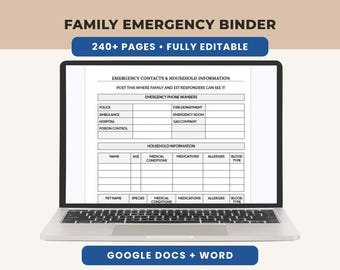 Könnte beinhalten: Ein Laptop-Bildschirm zeigt eine digitale Vorlage für einen Familien-Notfallordner mit Abschnitten für Notfallkontakte und Haushaltsinformationen, einschließlich Feldern für medizinische Bedingungen, Medikamente, Allergien und Blutgruppe, kompatibel mit Google Docs und Word.