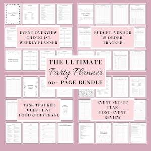 May include: A party planner bundle with over 60 pages, including checklists, weekly planners, budget trackers, guest lists, and event setup plans. The text on the image reads "The Ultimate Party Planner". The background is a light pink colour.