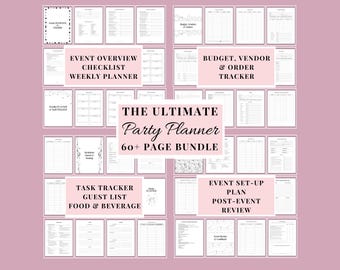 Könnte beinhalten: Ein digitales Partyplaner-Paket mit über 60 Vorlagenseiten, darunter eine Veranstaltungsübersicht, ein Wochenplaner, Budget-, Anbieter- und Bestellverfolgung, Aufgabenlisten, Gästelisten, Verpflegungspläne sowie Nachbereitungsformulare.