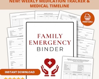 Op de afbeelding: Een printbare set voor een familie-noodmap met meer dan 240 pagina's en 14 georganiseerde secties. De omslag toont de titel in rode en zwarte tekst met een hart- en handenpictogram. Bevat formulieren voor medicatiebeheer en contactgegevens.