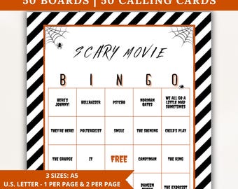 May include: A printable Scary Movie Bingo game card featuring a black and white diagonal striped border. The grid contains text including Here's Johnny, Hellraiser, Psycho, Norman Bates, The Shining, Child's Play, The Grudge, It, Candyman, The Ring, and Free.
