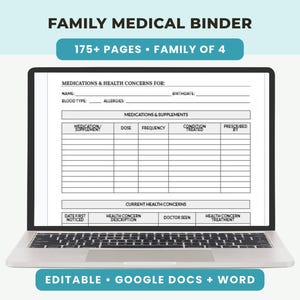 Editable Family Medical Binder Template |  Family Health Record Organizer  | Google Docs and Word