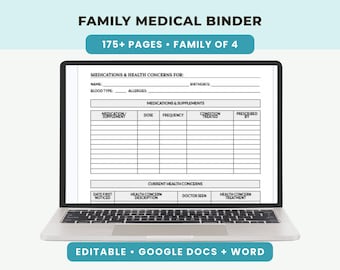 Editable Family Medical Binder Template |  Family Health Record Organizer  | Google Docs and Word