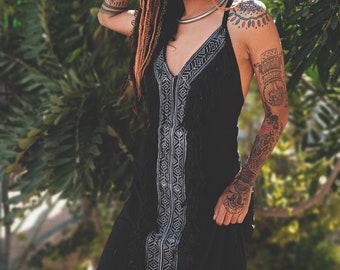 Robe noire de Déesse bloc imprimé // Robe Boho // Robe en coton // Robe élégante