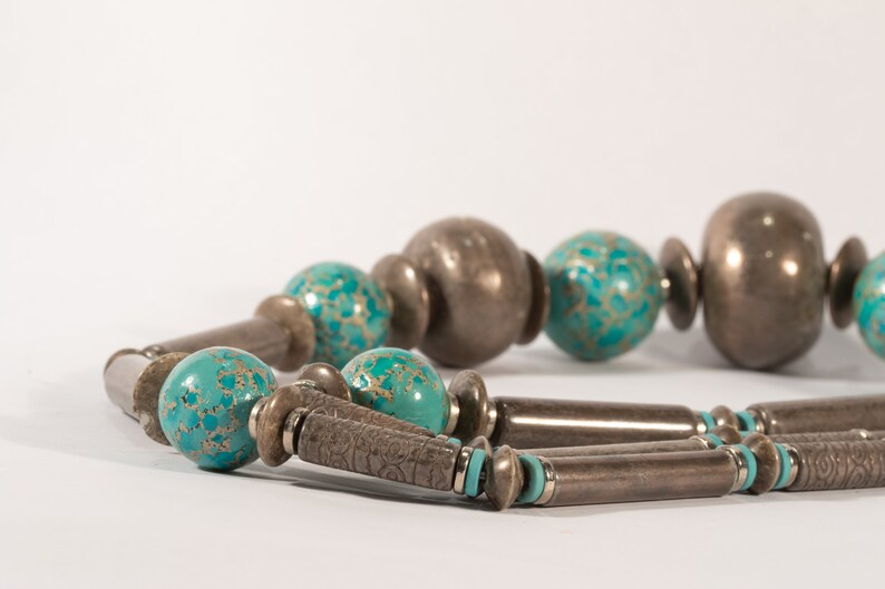 Chunky Metal and Porcelain Bead Necklace made in Japan
